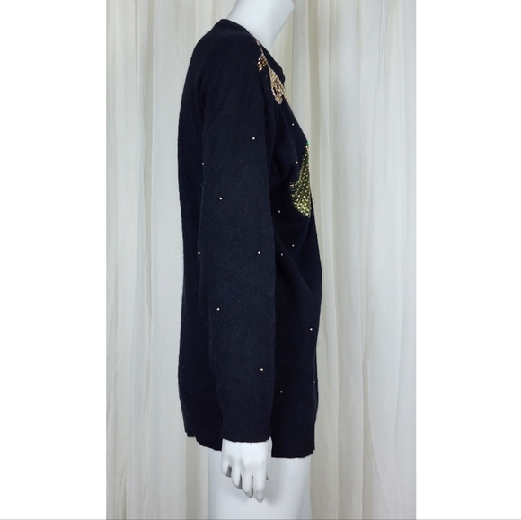 Vintage 80s holiday beaded tassel black wool pullover sweater M - Picture 3 of 6